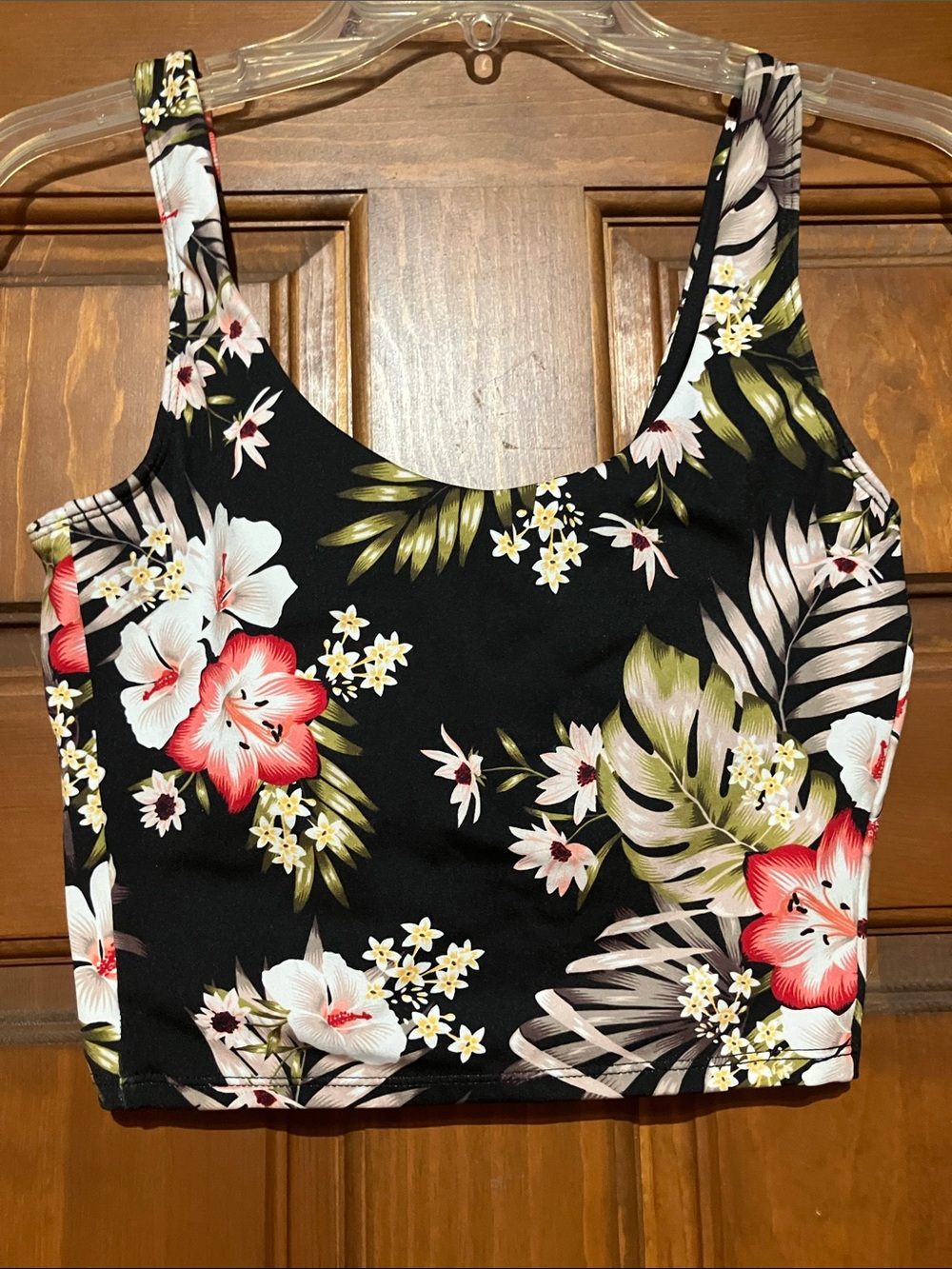 Hurley Black Floral Scoop Crop Tank (Tankini) with Red & Pink Blooms